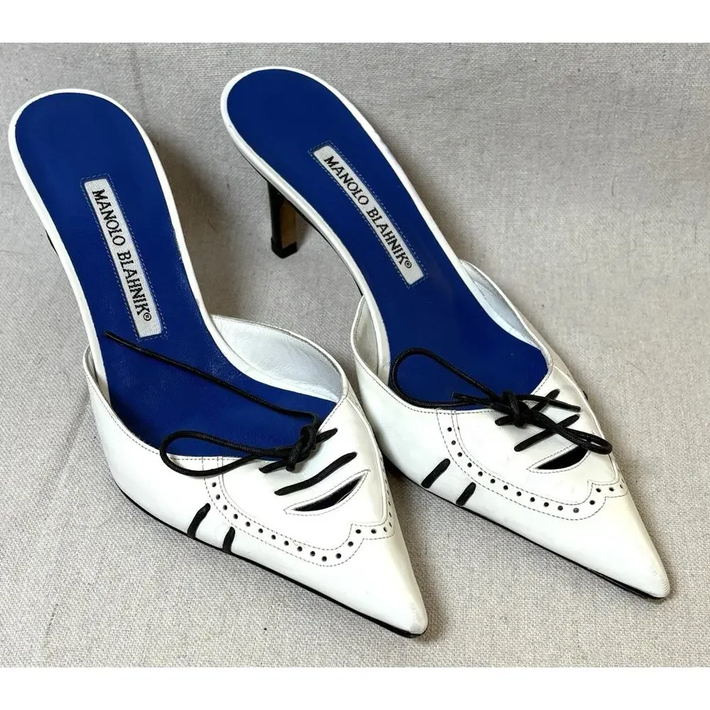 Manolo Blahnik White Leather Lace-Up Pointed Toe Mules Heels Size 36.5 Italy - Picture 1 of 6